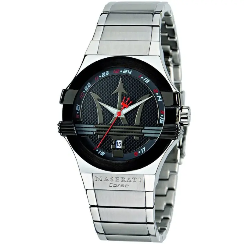 Maserati Watch Men Black Dial Metal Stainless Steel Silver Strap Quartz Battery Analog Three Hand Corse Potenza R8853108001