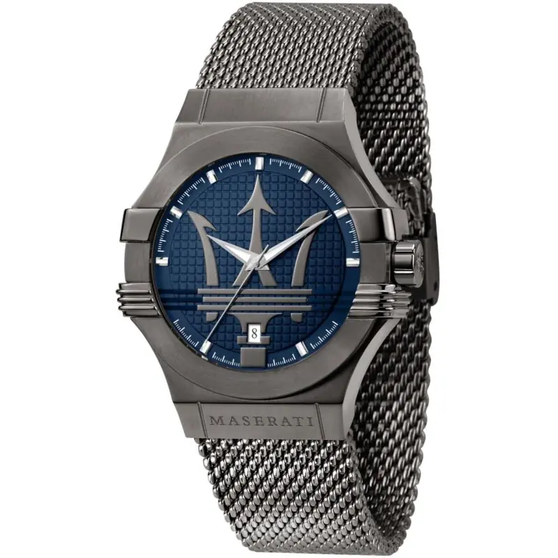 Maserati Watch Men Blue Dial Metal Stainless Steel Gray Mesh Strap Quartz Battery Analog Three Hand Potenza R8853108005