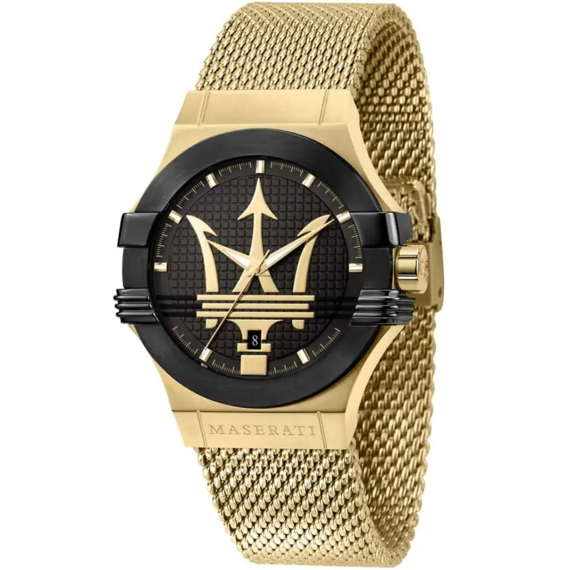 Maserati Watch Men Black Dial Metal Stainless Steel Gold Mesh Strap Quartz Battery Analog Three Hand Potenza R8853108006