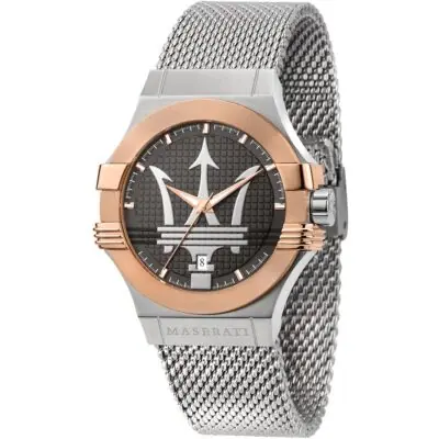 Maserati Watch Men Gray Dial Metal Stainless Steel Silver Mesh Strap Quartz Battery Analog Three Hand Potenza R8853108007 - Tia