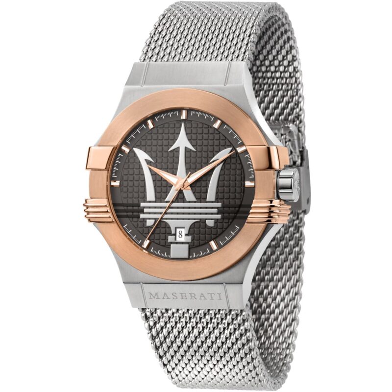 Maserati Watch Men Gray Dial Metal Stainless Steel Silver Mesh Strap Quartz Battery Analog Three Hand Potenza R8853108007