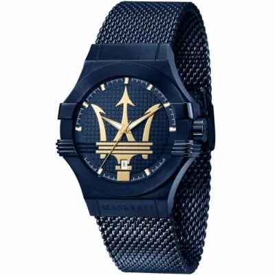Maserati Watch Men Blue Dial Metal Stainless Steel Mesh Strap Quartz Battery Analog Three Hand Potenza R8853108008 - Tia
