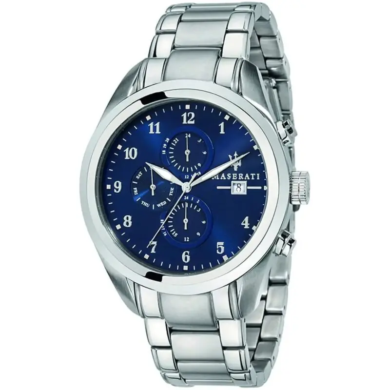 Maserati Watch Men Blue Dial Metal Stainless Steel Silver Strap Quartz Battery Analog Three Hand Traguardo R8853112505