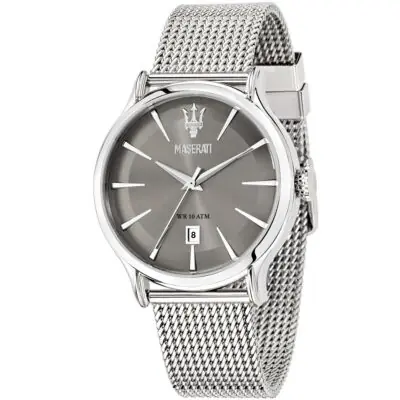 Maserati Watch Men Gray Dial Metal Stainless Steel Silver Mesh Strap Quartz Battery Analog Three Hand Wr 10 Atm Epoca R8853118002 - Tia