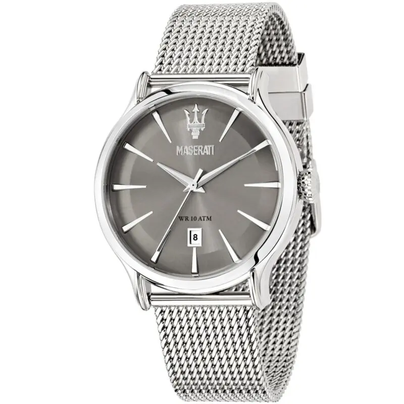 Maserati Watch Men Gray Dial Metal Stainless Steel Silver Mesh Strap Quartz Battery Analog Three Hand Wr 10 Atm Epoca R8853118002