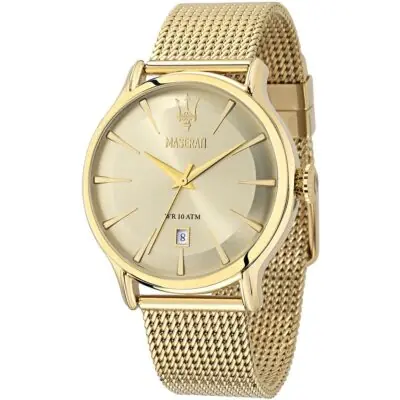 Maserati Watch Men Gold Dial Metal Stainless Steel Golden Mesh Strap Quartz Battery Analog Three Hand Wr 10 Atm Epoca R8853118003 - Tia