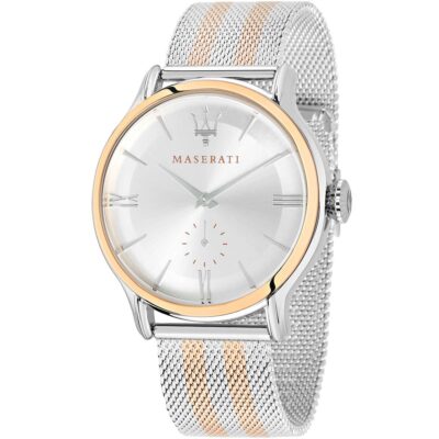 Maserati Watch Men Silver Dial Metal Stainless Steel Rose Gold Two Tone Mesh Strap Quartz Battery Analog Three Hand Epoca R8853118005