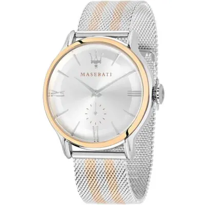 Maserati Watch Men Silver Dial Metal Stainless Steel Rose Gold Two Tone Mesh Strap Quartz Battery Analog Three Hand Epoca R8853118005