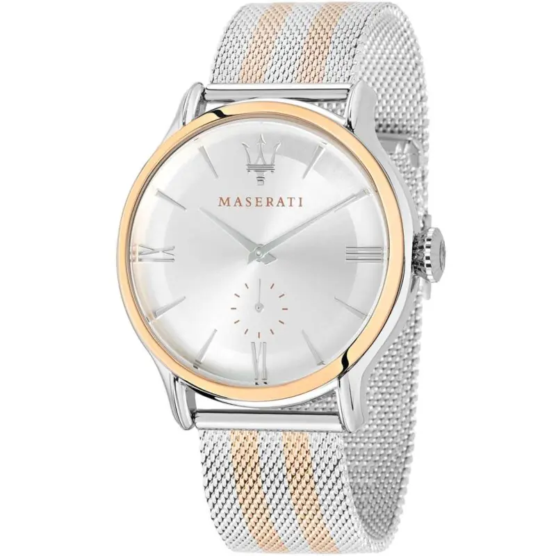 Maserati Watch Men Silver Dial Metal Stainless Steel Rose Gold Two Tone Mesh Strap Quartz Battery Analog Three Hand Epoca R8853118005