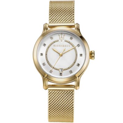 Maserati Watch Women White Dial Metal Stainless Steel Gold Mesh Strap Quartz Battery Analog Three Hand Epoca R8853118502