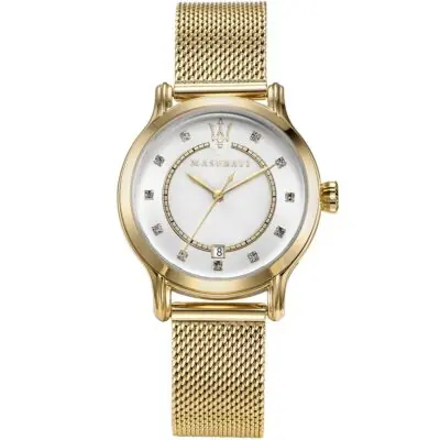 Maserati Watch Women White Dial Metal Stainless Steel Gold Mesh Strap Quartz Battery Analog Three Hand Epoca R8853118502 - Tia