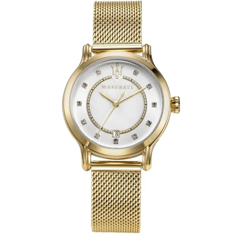 Maserati Watch Women White Dial Metal Stainless Steel Gold Mesh Strap Quartz Battery Analog Three Hand Epoca R8853118502