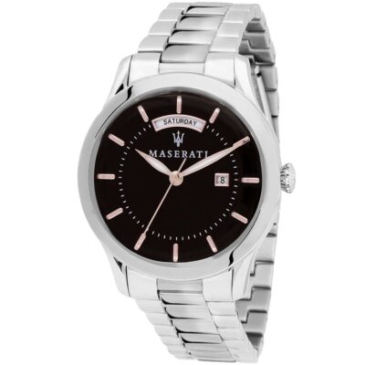 Maserati Watch Men Black Dial Metal Stainless Steel Silver Strap Quartz Battery Analog Three Hand Tradizione R8853125002