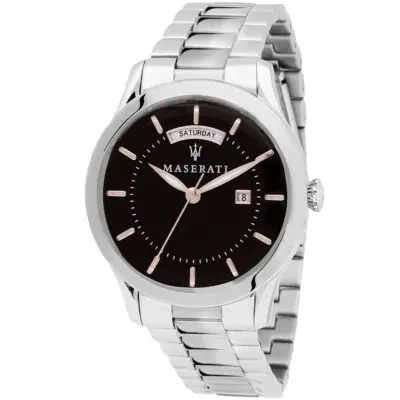 Maserati Watch Men Black Dial Metal Stainless Steel Silver Strap Quartz Battery Analog Three Hand Tradizione R8853125002 - Tia