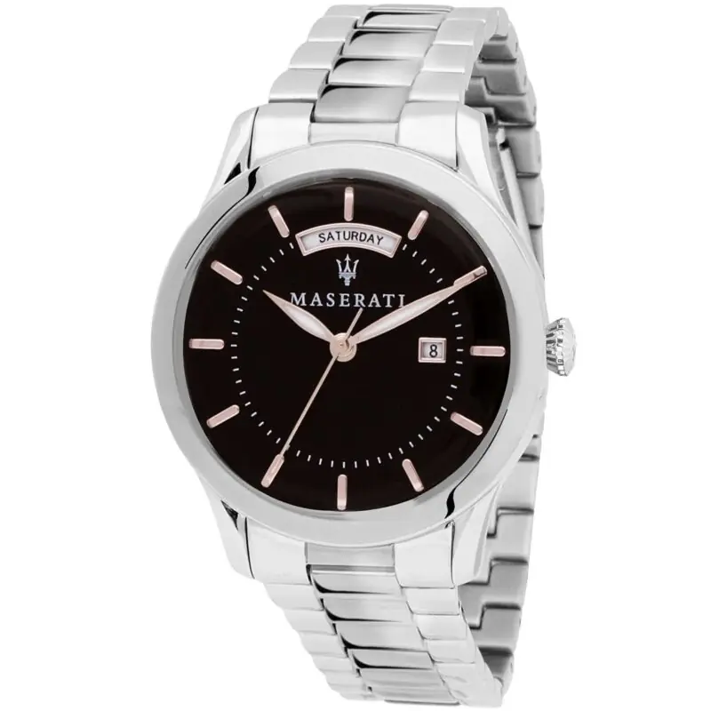 Maserati Watch Men Black Dial Metal Stainless Steel Silver Strap Quartz Battery Analog Three Hand Tradizione R8853125002 - Tia