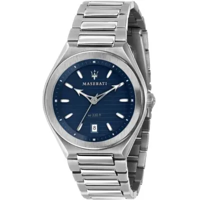 Maserati Watch Men Blue Dial Metal Stainless Steel Silver Strap Quartz Battery Analog Three Hand Wr 330 Ft Triconic R8853139002 - Tia