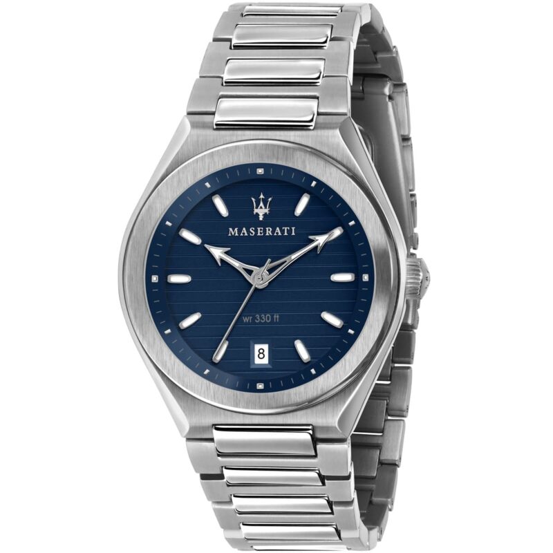 Maserati Watch Men Blue Dial Metal Stainless Steel Silver Strap Quartz Battery Analog Three Hand Wr 330 Ft Triconic R8853139002