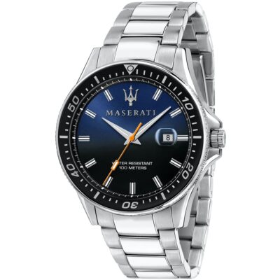 Maserati Watch Men Black Blue Dial Metal Stainless Steel Silver Strap Quartz Battery Analog Three Hand Water Resistant 100 Meters Sfida R8853140001