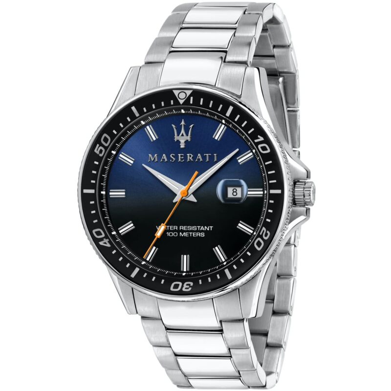 Maserati Watch Men Black Blue Dial Metal Stainless Steel Silver Strap Quartz Battery Analog Three Hand Water Resistant 100 Meters Sfida R8853140001