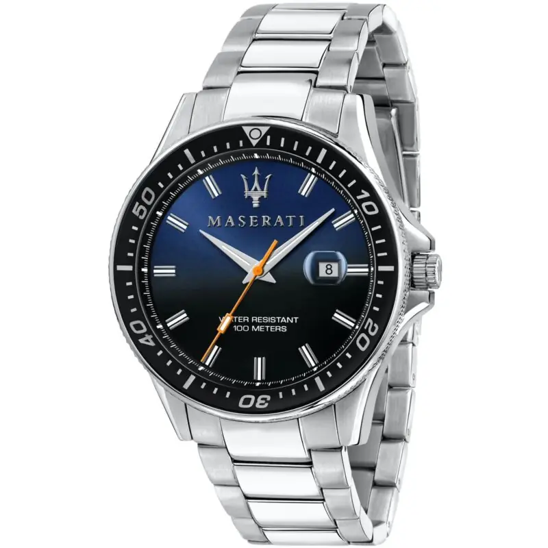 Maserati Watch Men Black Blue Dial Metal Stainless Steel Silver Strap Quartz Battery Analog Three Hand Water Resistant 100 Meters Sfida R8853140001