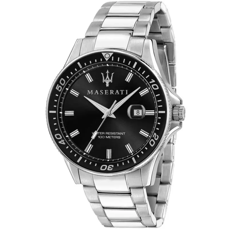 Maserati Watch Men Black Dial Metal Stainless Steel Silver Strap Quartz Battery Analog Three Hand Water Resistant 100 Meters Sfida R8853140002
