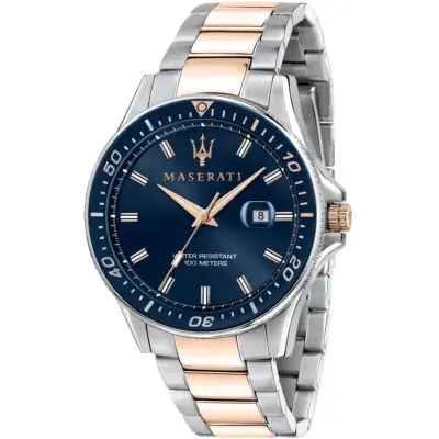 Maserati Watch Men Blue Dial Metal Stainless Steel Silver Rose Gold Two Tone Strap Quartz Battery Analog Three Hand Water Resistant 100 Meters Sfida R8853140003 - Tia