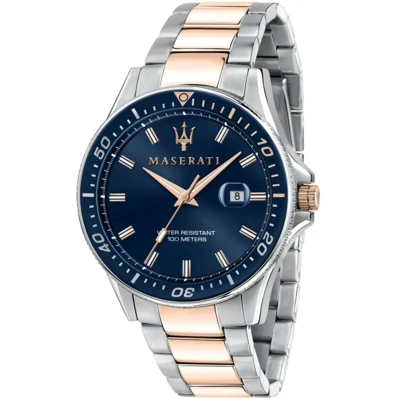 Maserati Watch Men Blue Dial Metal Stainless Steel Silver Rose Gold Two Tone Strap Quartz Battery Analog Three Hand Water Resistant 100 Meters Sfida R8853140003