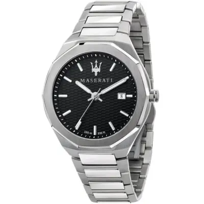 Maserati Watch Men Black Dial Metal Stainless Steel Strap Quartz Battery Analog Three Hand 100m 330ft Stile R8853142003 - Tia