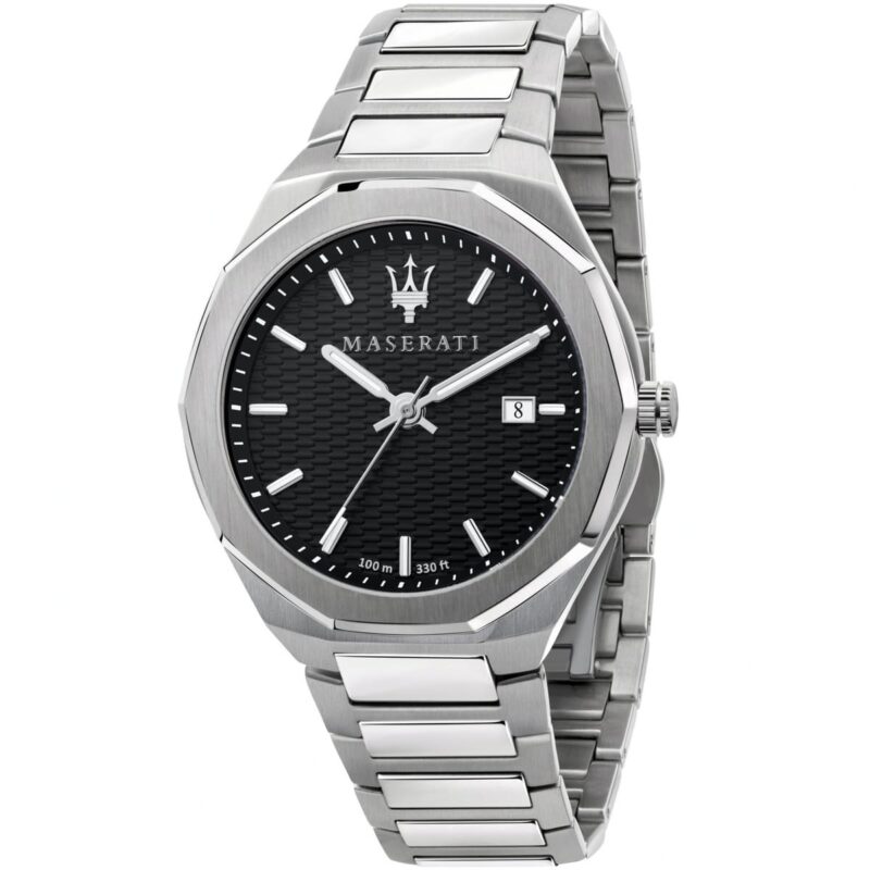 Maserati Watch Men Black Dial Metal Stainless Steel Strap Quartz Battery Analog Three Hand 100m 330ft Stile R8853142003
