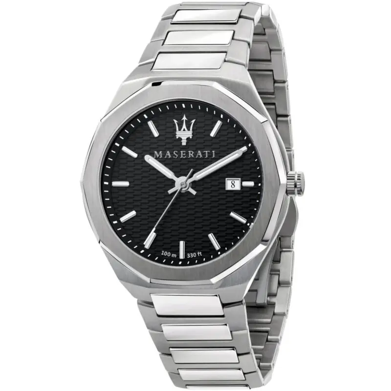 Maserati Watch Men Black Dial Metal Stainless Steel Strap Quartz Battery Analog Three Hand 100m 330ft Stile R8853142003