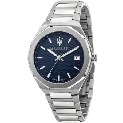 Maserati Watch Men Blue Dial Metal Stainless Steel Silver Strap Quartz Battery Analog Three Hand 100m 330ft Stile R8853142006 - Tia