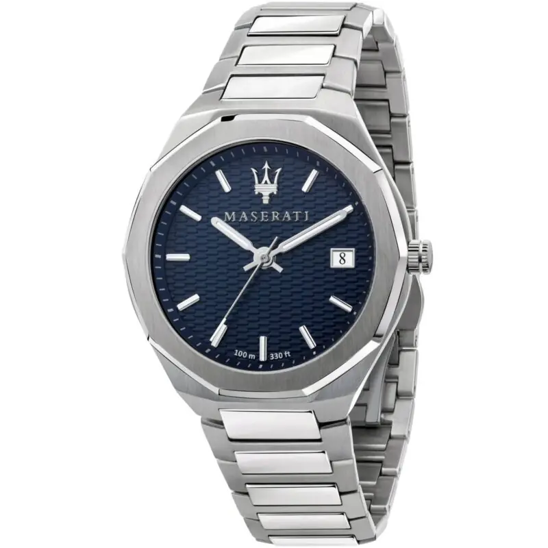 Maserati Watch Men Blue Dial Metal Stainless Steel Silver Strap Quartz Battery Analog Three Hand 100m 330ft Stile R8853142006