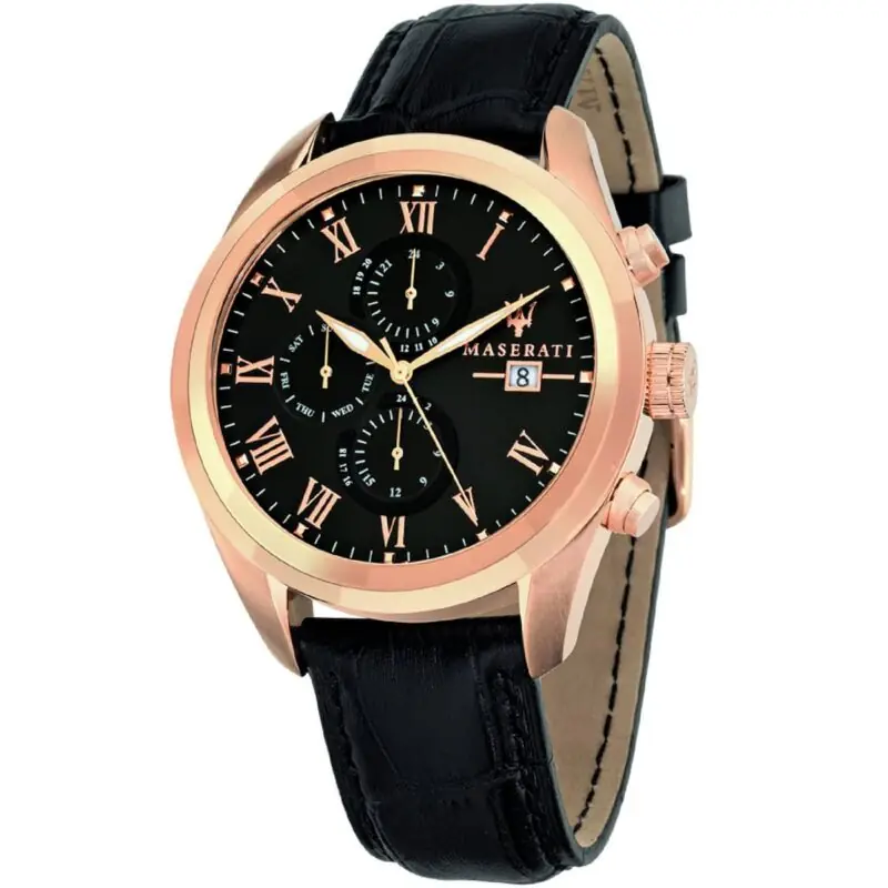 Maserati Watch Men Black Dial Leather Strap Quartz Battery Analog Day Date Month Traguardo R8871612002