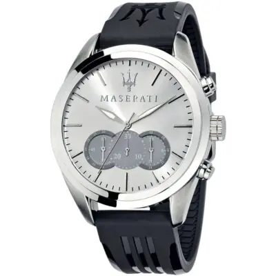 Maserati Watch Men Silver Dial Rubber Black Strap Quartz Battery Analog Chronograph Traguardo R8871612012