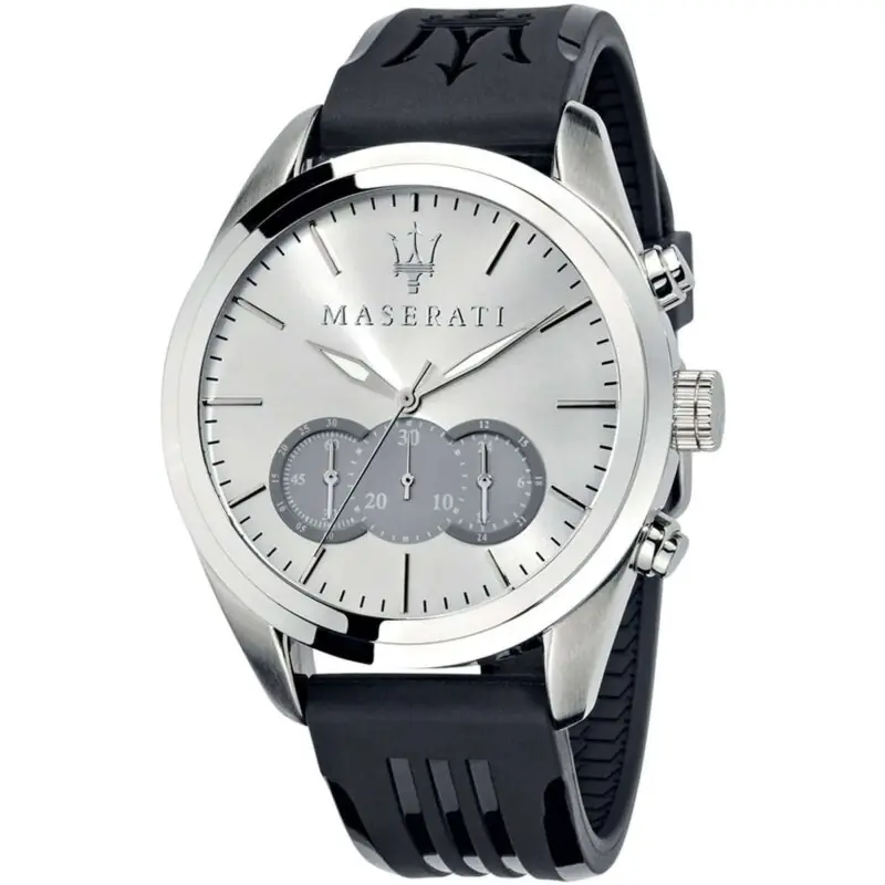 Maserati Watch Men Silver Dial Rubber Black Strap Quartz Battery Analog Chronograph Traguardo R8871612012