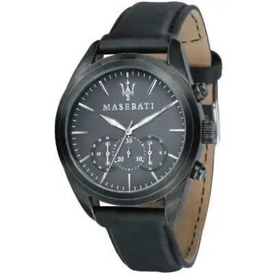 Maserati Watch Men Gray Dial Leather Black Strap Quartz Battery Analog Chronograph Traguardo R8871612019 - Tia