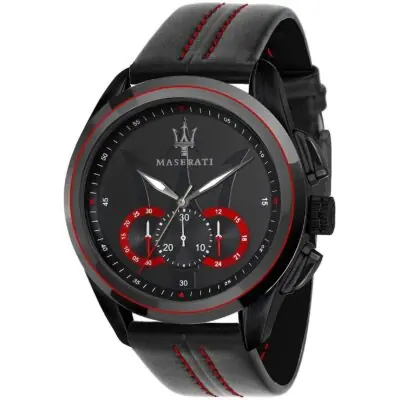 Maserati Watch Men Black Dial Leather Strap Quartz Battery Analog Chronograph Traguardo R8871612023