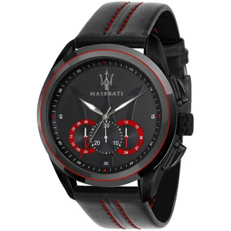 Maserati Watch Men Black Dial Leather Strap Quartz Battery Analog Chronograph Traguardo R8871612023