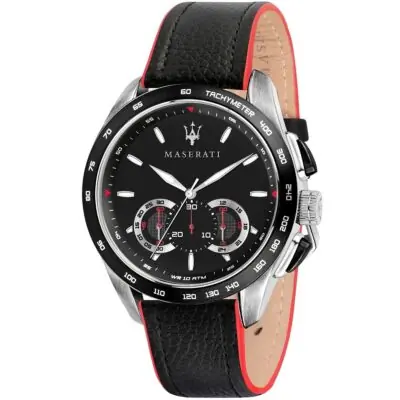Maserati Watch Men Black Dial Leather Strap Quartz Battery Analog Chronograph Tachymeter Wr 10 Atm Traguardo R8871612028