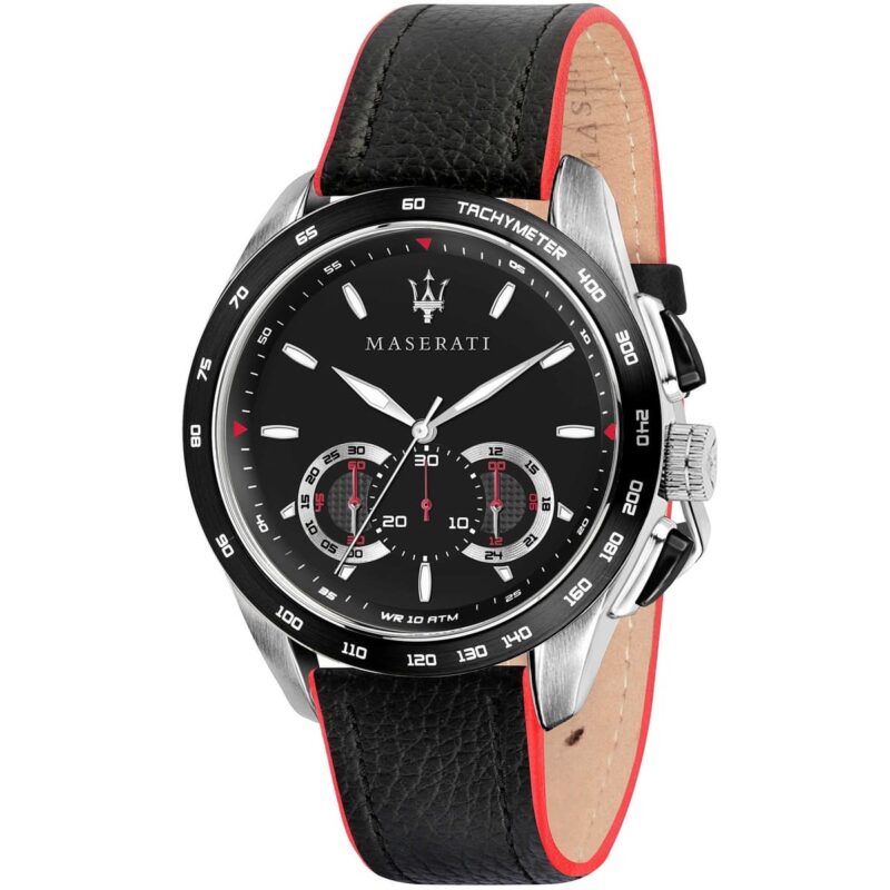 Maserati Watch Men Black Dial Leather Strap Quartz Battery Analog Chronograph Tachymeter Wr 10 Atm Traguardo R8871612028