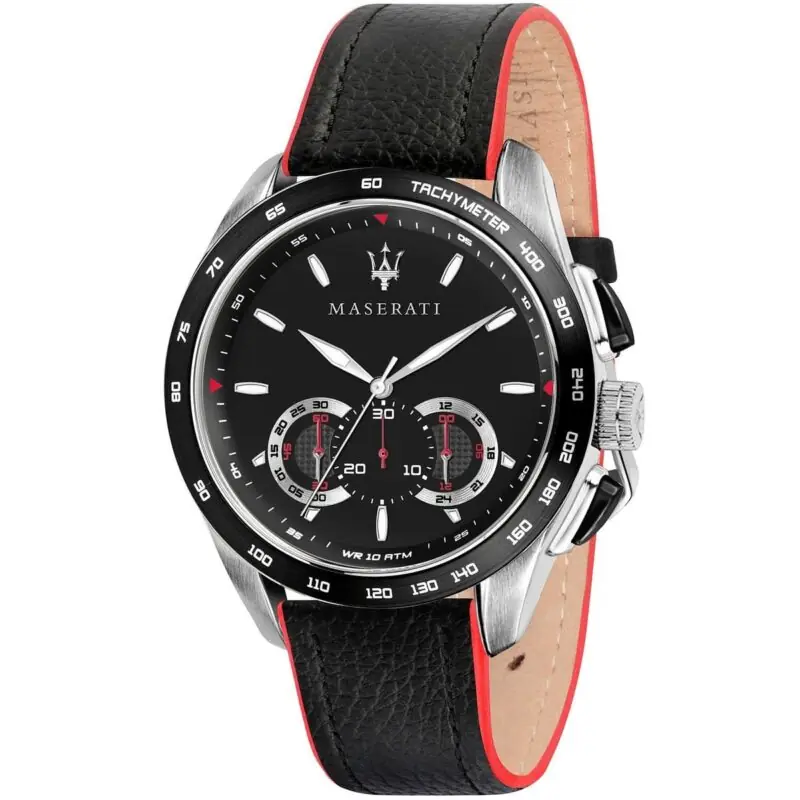 Maserati Watch Men Black Dial Leather Strap Quartz Battery Analog Chronograph Tachymeter Wr 10 Atm Traguardo R8871612028