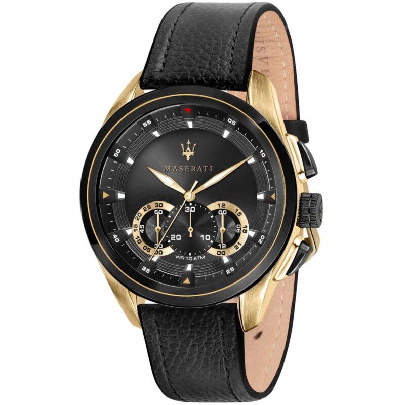 Maserati Watch Men Black Dial Leather Strap Quartz Battery Analog Chronograph Wr 10 Atm Traguardo R8871612033