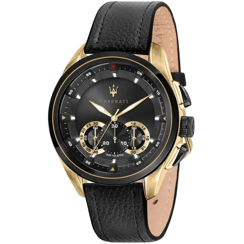 Maserati Watch Men Black Dial Leather Strap Quartz Battery Analog Chronograph Wr 10 Atm Traguardo R8871612033