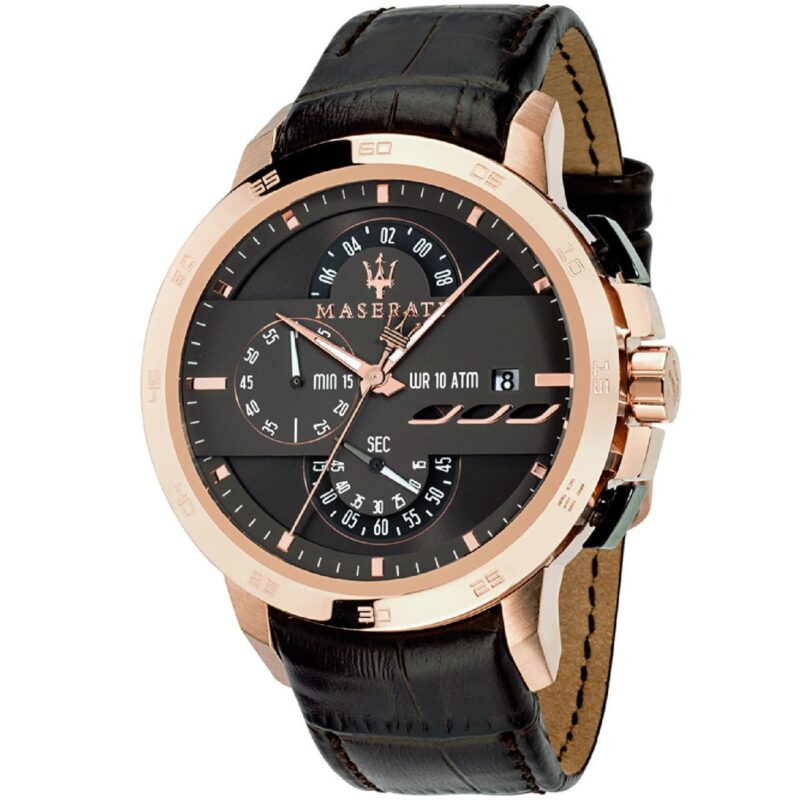 Maserati Watch Men Brown Dial Leather Strap Quartz Battery Analog Chronograph Wr 10 Atm Ingegno R8871619001