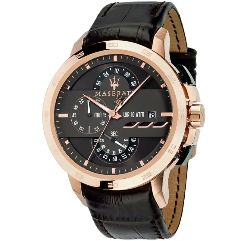 Maserati Watch Men Brown Dial Leather Strap Quartz Battery Analog Chronograph Wr 10 Atm Ingegno R8871619001