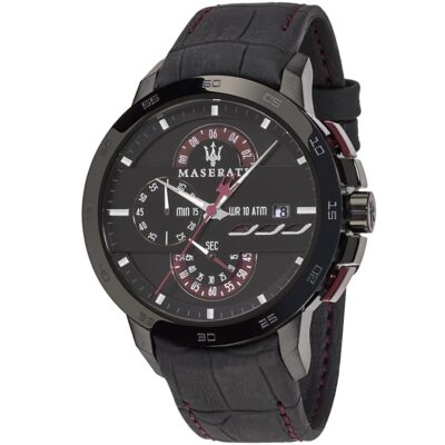 Maserati Watch Men Black Dial Leather Strap Quartz Battery Analog Chronograph Wr 10 Atm Ingegno R8871619003
