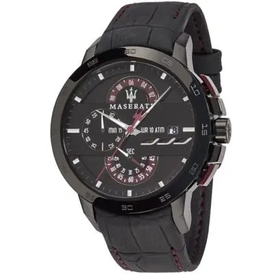 Maserati Watch Men Black Dial Leather Strap Quartz Battery Analog Chronograph Wr 10 Atm Ingegno R8871619003
