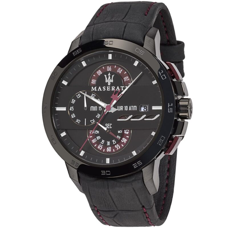 Maserati Watch Men Black Dial Leather Strap Quartz Battery Analog Chronograph Wr 10 Atm Ingegno R8871619003