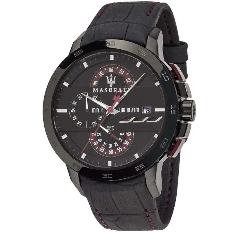 Maserati Watch Men Black Dial Leather Strap Quartz Battery Analog Chronograph Wr 10 Atm Ingegno R8871619003