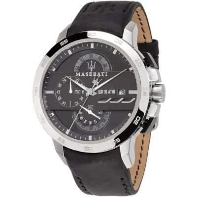 Maserati Watch Men Black Dial Leather Strap Quartz Battery Analog Chronograph Wr 10 Atm Ingegno R8871619004